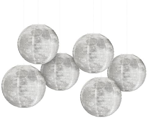 Surwin 6pcs Lanternes Papier, Lanternes en Papier à Suspendues, Boule Ronde Abat-Jour, Lanterne Decorative pour Intérieurs Extérieurs, Festival de Mi-Automne Planète (Lune 25cm)