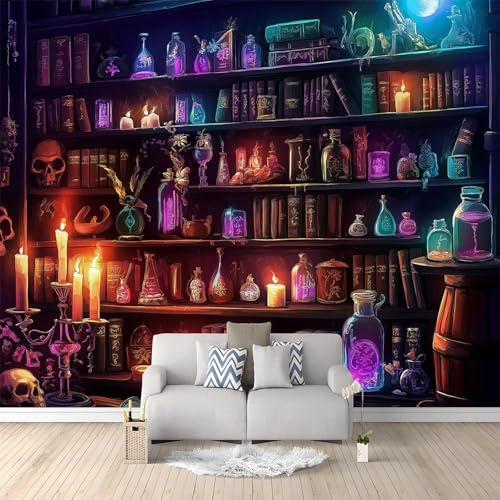Tapete Muster Tapeten Fantasy-Cartoon-Bibliothek, Wasserdicht DIY Wohnzimmer Bunt Wandtapete, Vliestapete Renovierung Wohnzimmer für Schlafzimmer Küche 300 x 210 cm