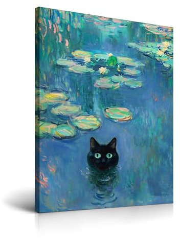 HesenDot Stampa artistica da parete con cornice a forma di testa di gatto, 30 x 40 cm, con Claude Monet e ninfea, divertente stampa con animali, decorazione da parete per casa, soggiorno, camera da