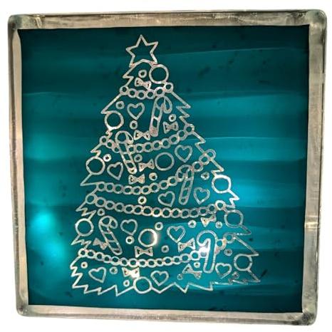beleuchteter Glasbaustein 19 x 19 cm mit Weihnachtsmotiv, handgefertigt, batteriebetrieben (Weihnachtsbaum)
