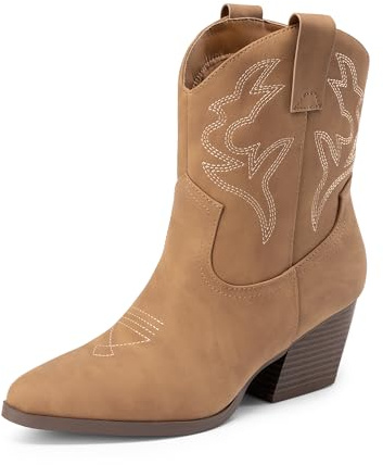 DREAM PAIRS Women's Cowboy Cowgirl Boots Embroidered Stitched Short Western Boots Low Chunky Heel Pointed Toe Ankle Booties,Size 8,Tan,DWUMAB2504
