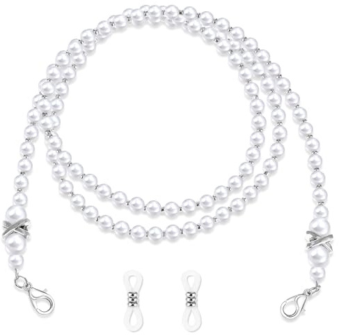 Teaaha 2 Stück Brillenkette Perlen Weiße Brillen Kettenband Anti-Verlust-Kette Maskenkette Anti-Rutsch Brillenzubehör Sonnenbrillen Kette Damen Brillen Kette für Brille Sportbrillen Lesebrillen