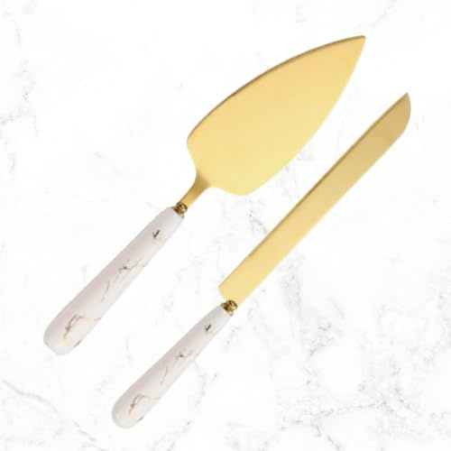 Stainless Steel Gold Mirror Finish Cake Cutter Knife and Server Gift Set with Ceramic Handle, Elegant Design for Weddings, Birthdays, and Special Occasions. (White)