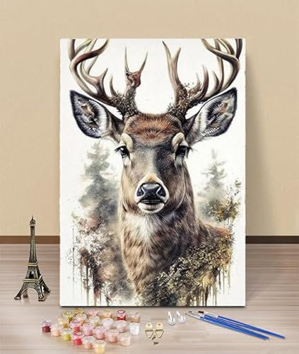 HOLXSW Malen Nach Zahlen Erwachsene DIY Handgemalt Ölgemälde Kit für Anfänger und Erwachsene Tier Hirsch 5 Mit 3-Pinseln und AcrylfarbeOhne Rahmen 40X50CM