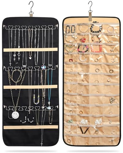Porta Gioielli da Appendere, Porta Collane da Appendere da Parete Bifacciale, Organizer Armadio da Appendere Borsa Portaoggetti per Gioielli Orecchini Anelli con 48 Tasche, Ganci in Metallo Ondulato