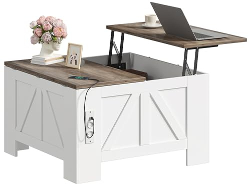 DWVO Couchtisch Höhenverstellbar Wohnzimmertisch mit Stauraum, Sofatisch mit Klappbarer Tischplatte Weiß und Grau, 78,2 x 78,2 x 50-64 cm