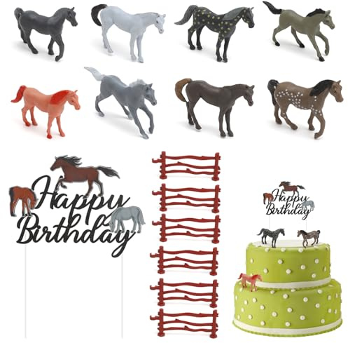 15 stycken hästar tårtdekoration, hästar födelsedagsdekoration, tårta cupcake topper, realistisk plast hästar tårta staket tårtpinnar för födelsedag, häst tema fest barn tårta dekorationer