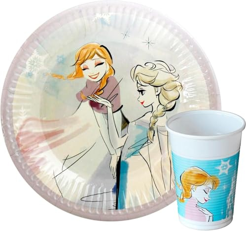 Disney Geschirr-Set, 16 Teller + 8 Becher, Motiv: Die Eiskönigin Anna und Elsa, für Party, Geburtstag, Jahrestag