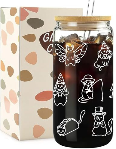 Cerulume Cat Gifts for Women, Cute Cats Cup with Lid and Straw, 16oz Cat Glass Iced Coffee Tumbler, Catss Lover Gifts, Cat-Themed Presents for Women, Bestie, Cats Glass Tumbler with Straw