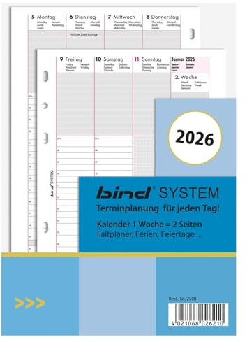 BIND B250826 - Inserto per calendario settimanale, formato A5, con timer per calendario anno 2026, 1 settimana/2 pagine, calendario con sistema, calendario per agenda e agenda standard