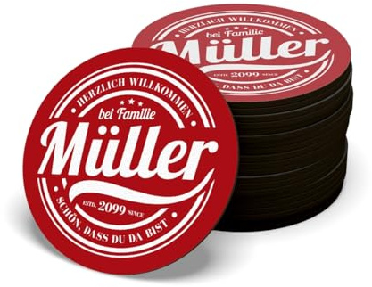 Personalisierte Bierdeckel/Untersetzer 6er Set abwaschbar und Wieder verwendbar - Familienname - hochwertiges HDF 3mm (gepresstes Holz) mit klarem, intensiven UV-Druck
