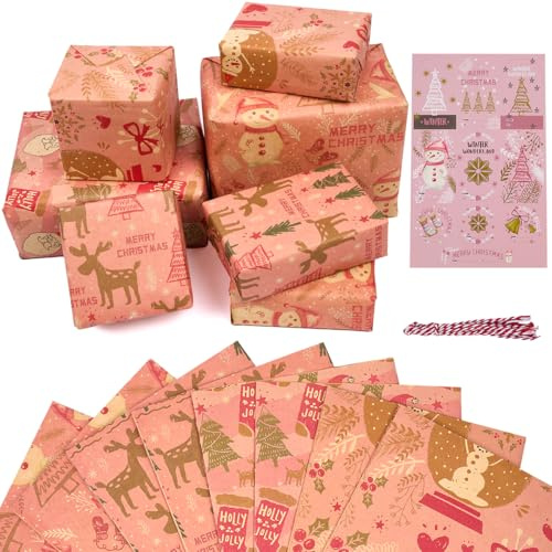 Papier cadeau de Noël : 8 feuilles de papier kraft recyclable 70 x 50 cm avec 10 étiquettes et ficelles pour emballer vos cadeaux de Noël