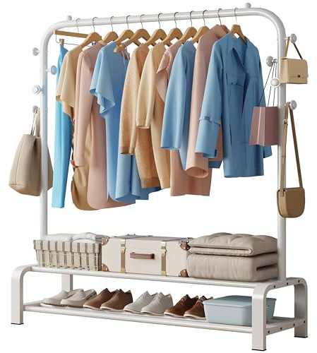 SMILOVII Clothes Rail, Free Standing Clothing rail with Hanging Rail、Shoe Storage & 8 Hooks, Metal Clothes rack, Perfect Clothes rails for bedroom, Home & Shops - White