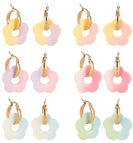 arricraft 6 Paires 6 Couleurs Boucle d'oreille de cercle de fleur Charms, couleur de gradient de fleur Acrylique opaque avec boucles d'oreille en acier inoxydable 304