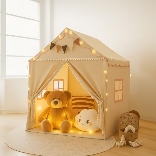 Kid Play Tent with Lights, Kids House for Indoor & Outdoor, Toddlers Play Tent with Windows - Large Toddler Tent for Kids - Toy House Gift for Boys & Girls, 132 x 135 x 100cm