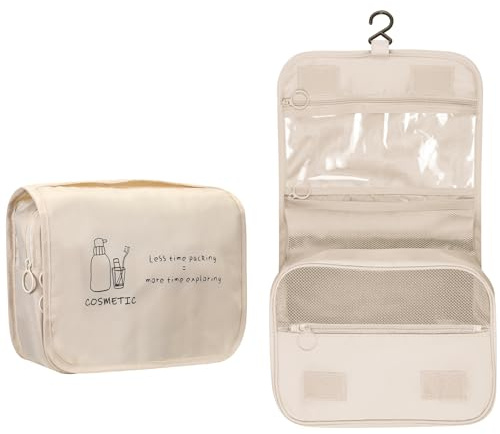 FINPAC Trousse de Toilette, Trousse de Toilette Voyage avec Crochets et poignée, Multifonction Imperméable Grande Sac Cosmétique Organisateur de Voyage pour Hommes et Femmes (Beige)