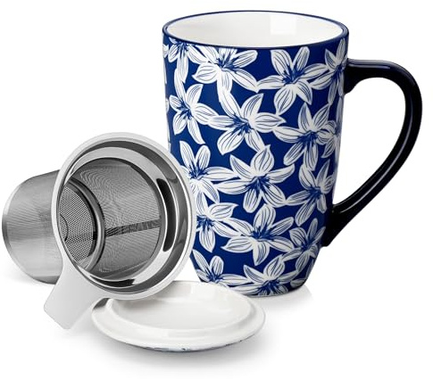 vancasso SELENE Porcelain Tea Mug, 18 oz Porcelain Tea Cup with Infuser and Lid Steeps Loose Leaf Tea, Microwave & Dishwasher Safe, Blossom Cluster