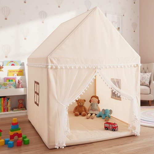 GYMAX Kids Play Tent, Large Wooden Playhouse with Washable Mat and Windows, Indoor Outdoor Toddler Castle Fairy Tent (Beige) | with Washable Mat and Windows, Indoor Outdoor Toddler Castle Fairy Tent