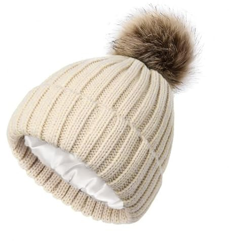 KASLCWA Beanie Hats Women, Satin Lined Knitted Hat Pompom, Winter Hats for Women, Elastic Knitted Hat Beige Fur Pom Pom for Outdoor Sports Ski