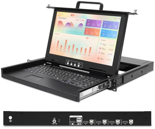 4 Port Rack Mount KVM Console w/15.6 1080P Rackmount Monitor, 1U HDMI KVM Switch Drawer + Keyboard + Touchpad + 4 USB HDMI KVM Cable, OSD Hotkey Button Switching for Shallow Depth 24 Network Cabinet