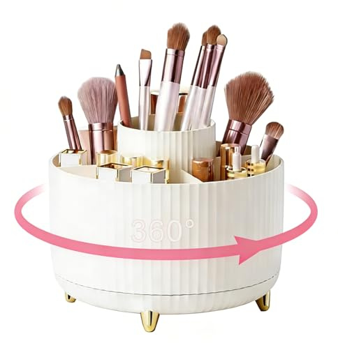360° Rotating Makeup Organiser with 5 Compartments, Makeup Brush Holder Dressing Table Organiser for Cosmetics Skincare Perfume Storage, Vanity Organiser for Bedroom Bathroom Office (White)