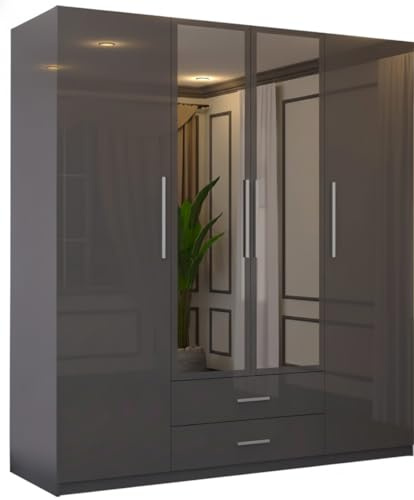 SLIDING WARDROBE 4U High Gloss 4-Door Hinged Wardrobe with Mirrors, Drawers, Shelves & Hanging Rail Freestanding Bedroom Storage – White/Black/Grey (Grey, 160cm)