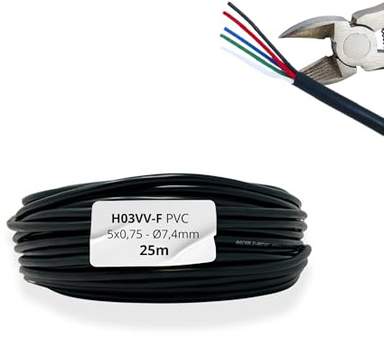 HALOTEC 25 Metros Cable Manguera Redonda PVC Negra 03VV-F 5x0,75 mm² | Cable Flexible 5 Conductores Cobre | con interiores Azul, Rojo,Verde, Negro y Blanco| Baja Tensión 300V