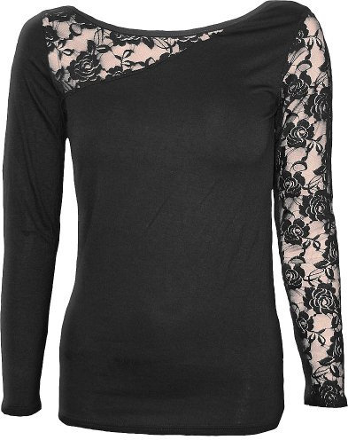 Spiral Direct Women's Gothic Elegance - Lace One Shoulder Top Black Regular Fit Long Sleeve Top, Black (Black 001), 8 (Manufacturer Size:S)