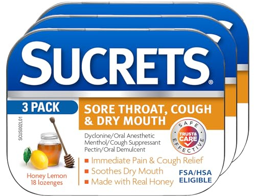 Sucrets Sore Throat & Cough Lozenges, Honey Lemon, 18 Count (3 Pack)