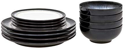 Denby - Halo Dinner Set for 4-12 Piece Ceramic Tableware Set - Dishwasher Microwave Safe Stoneware Crockery - Reactive Glaze, Black, Grey, White Colour - Dinner Plates, Small Plates, Cereal Bowls