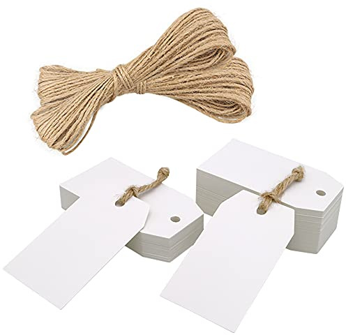 jijAcraft Geschenkanhänger Kraftpapier Weiß Anhänger Etiketten 7x4 cm Tags und 20 Meter Juteschnur, für Basteln Weihnachts Hochzeits Geschenke (100 Stück)