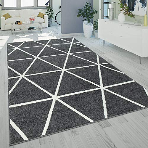 Paco Home Teppich Wohnzimmer Kurzflor Skandinavischer Stil Rauten Muster Modern Grau Anthrazit, Grösse:70x250 cm