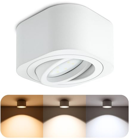 SSC-LUXon TEARA Aufbauspot weiß eckig GU10 5W 3 Lichtfarben schwenkbar | Schwenkbarer Aufbaustrahler weiß mit GU10 LED - warm / neutral / tageslicht, für Bilder, Wände & Schränke, nur 50mm hoch