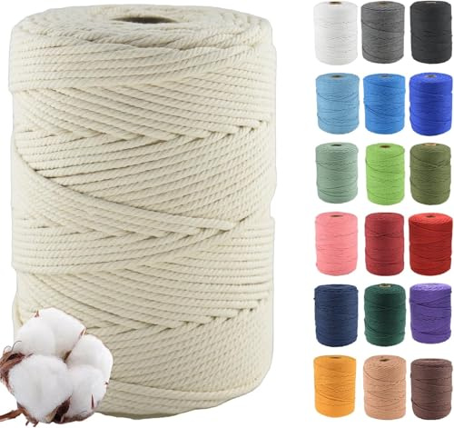 Klhamky 5mm×200m Macrame Cotton Cord, Soft 4 Strand Twisted 100% Natural Cotton for Handmade Wall Hanging, DIY, Craft Making, Knitting, Plant Hangers, Decorative Projects