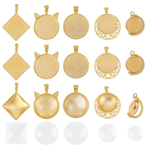 PandaHall 30 Stück 5 Stil Lünette Anhänger Schalen Cabochon Anhänger Fassung mit 30 Stück transparenten Glas-Cabochons klare Cabochons Fliesen für Schmuckherstellung