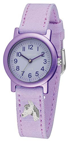 Jacques FAREL Öko-Kinderuhr Mädchen Armbanduhr mit Textilband aus Bio-Baumwolle Analog Quarz Lila Flieder Pferd ORG 8820