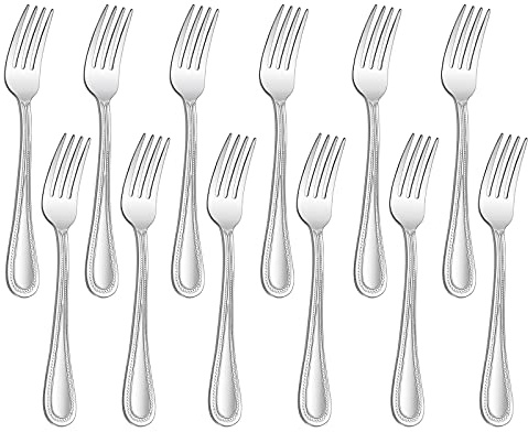 HaWare 12-Pieces Dessert Forks, Stainless Steel 7.1 Inches Pearled Edge Small Salad Forks, Classic Elegant Design, Mirror Polished, Dishwasher Safe