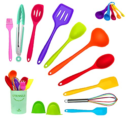 TIBLEN 18 pcs Silicone Kitchen Accessories Gadgets Cooking Utensil Set, Non-stick Heat Resistant Cookware, BPA Free Non-Toxic Tools, Turner Tongs Ladle Spoon Whisk, Dishwasher Safe -Colorful