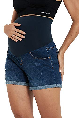 HOFISH Women's Over The Belly Pregnancy Support Breathable Maternity Jeans Shorts Rolled-up Style Dark Blue X-Large