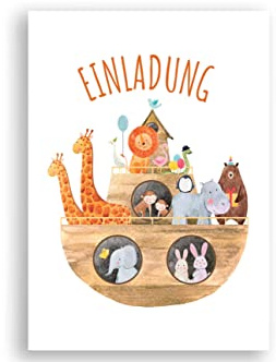 Friendly Fox 12 Einladungskarten Arche Noah, Einladung zur Taufe oder Geburtstag, Klappkarten mit Umschlag
