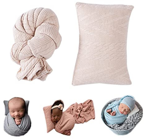 Coberllus Newborn Photography Props Blanket Stretch Knitted Twist Wrap & Posing Pad Prop for Baby Boys Girls Photo Shoot Set (Beige)