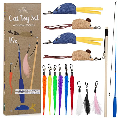 Pretty Kitty Katzenspielzeug Set Vegan: Großes 15 Teile Katzen Spielzeug Set mit Katzenangel, Kunstfedern und Katzenminze Spielzeug Spielzeug Katze