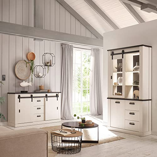 Lomadox Esszimmer Möbel Set Pinie weiß Nb. mit anthrazit 2-teilig Landhausstil, Sideboard und Vitrinenschrank inkl. LED-Beleuchtung