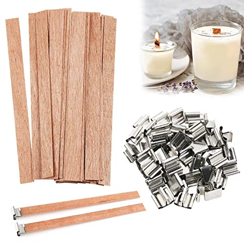 25 Ensembles Meche Bougie Bois avec 25 Bases en Métal, 5 Mèche de Bougie en Bois Trimmable pour la Fabrication de Bougies Parfumées, Meches Accessoires