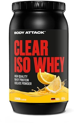 Body Attack Clear Iso Whey -Lemon, 900g - Made in Germany - Erfrischendes, klares Whey Protein Isolat - 24 g Protein und 11.400 mg EAAs pro Iso Whey Shake, zucker-& fettfrei | Made in Germany, erfrischendes, klares Whey Protein Isolat, 24 g Protein und 11.400 mg EAAs pro Iso Whey Shake, zuckerfrei