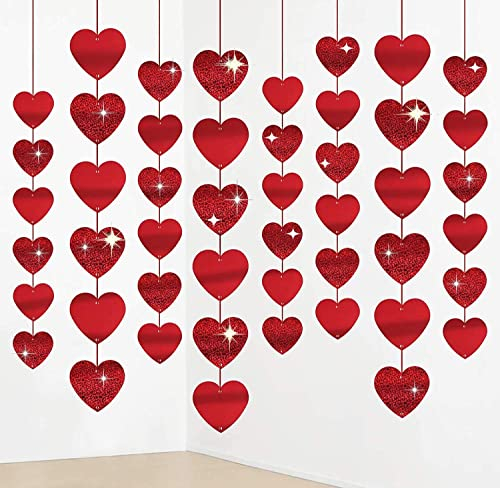 12PCS Heart Garland Red Glitter Hanging Hearts Banner Valentines Day Decoration Heart Hanging Garland for Wedding Birthday Valentines Party Home Ceiling Window Door Decorations, 2M