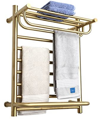 KLZUOPT Heated Towel Rail Electric Towel Rack Stainless Steel Wall-Mounted Towel Warmer, Electric Heated Towel Rail With Top Shelf Towel Radiator,White,Plug In (Gold Plug In)