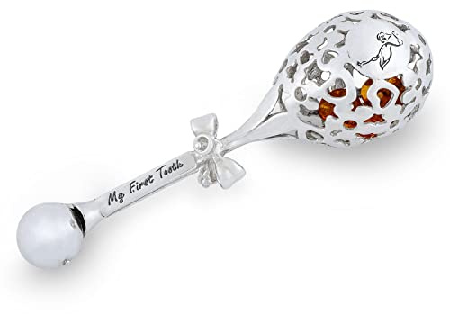 Rassel für Baby, Junge oder Mädchen, Sterling Silber 925 Glanz, Silber Storchenrassel mit Gravur, Geburtstagsgeschenk