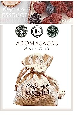 AROMASACKS HOME - Ambientador Hogar para Armarios y Cajones. Aroma Frutos Rojos Intenso. Duración 8 semanas. Saquito de Lino con Perlas Aromáticas. Esencia Natural 0% Alcohol. Fragancia PASSION FRUITS