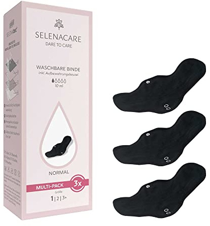 Selenacare waschbare Binde, 3er Pack, Größe 1, mit Aufbewahrungsbeutel - antibakteriell & geruchshemmend, wiederverwendbare Binde für Damen, nachhaltig, 100% vegan